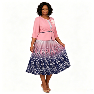 Elegante Vestido Midi con Estampado Floral Azul, Falda Plisada y Manga Tres Cuartos, Talla Grande, Traje Formal para Mujer - Product Image 2