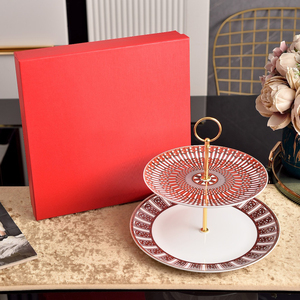 Plateau à dessert à 2 niveaux en porcelaine fine, motif floral ou géométrique, idéal pour la décoration et la présentation de table - Product Image 2