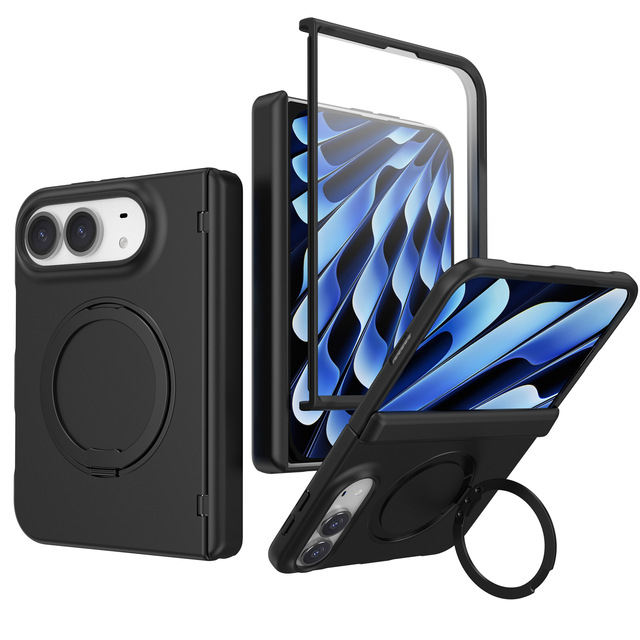 Foldable Phone Case for iPhone Duo Magnetic 360 Rotating Ring Stand, Skin Feel Matte Cover Tempered Glass Screen Protector