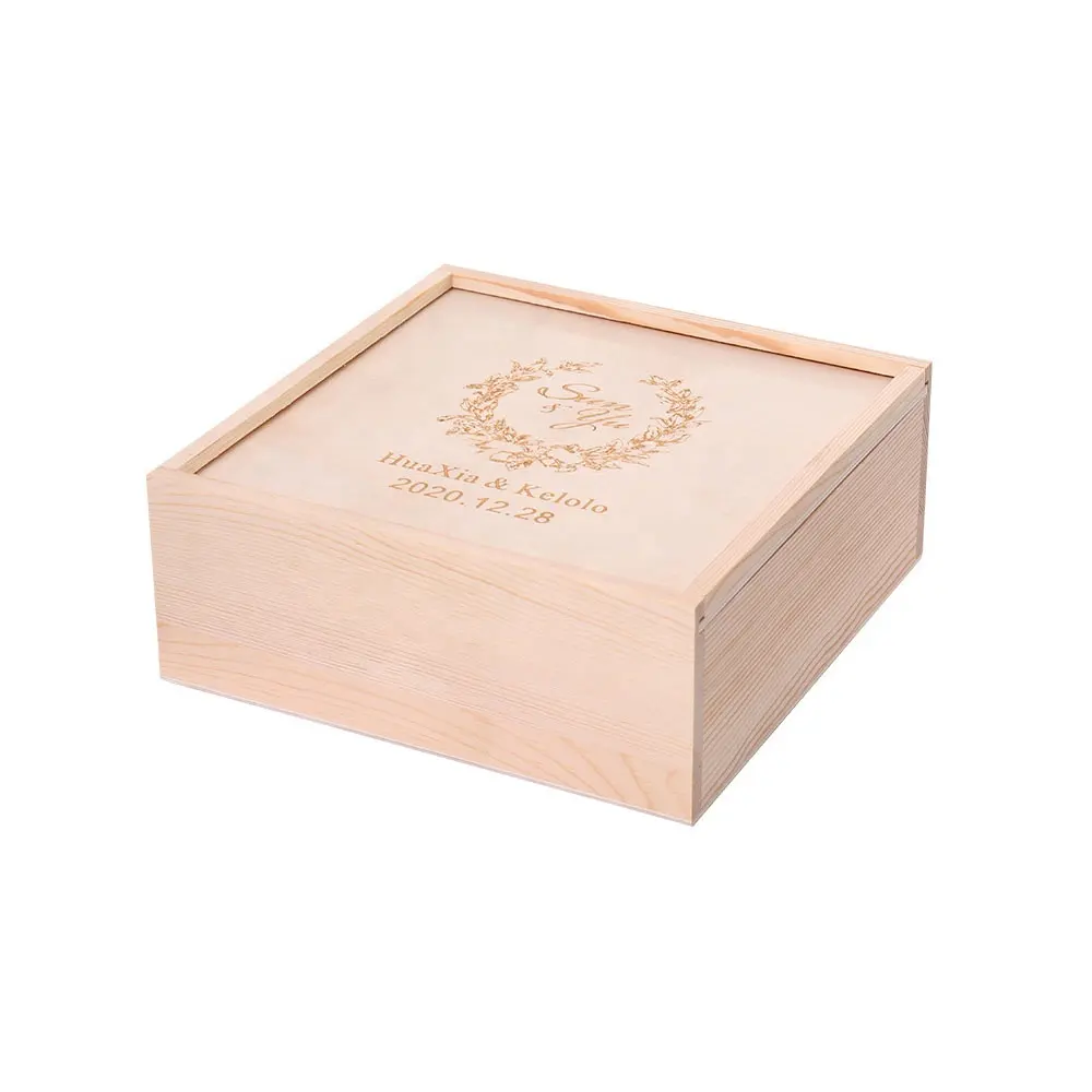 صندوق هدايا ذاكرة الطفل الخشبي غير مكتمل بشعار مخصص صندوق تغليف لحفلات الزفاف بغطاء منزلق