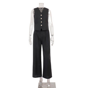 Ensemble de vêtements pour femmes en coton et lin mélangé, veste sans manches et <span class=keywords><strong>pantalon</strong></span> large, mode décontractée printemps-été, veste sans manches plissée, <span class=keywords><strong>pantalon</strong></span> taille basse - Product Image 4