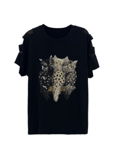 T-shirt décontracté vintage à manches courtes pour <span class=keywords><strong>femme</strong></span>, nouveau style été, en coton 210g, noir, imprimé trois chats, avec décoration en strass - Product Image 1