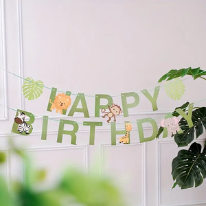 1 pezzo foresta animale felice festa di <span class=keywords><strong>compleanno</strong></span> bandiera tirare bandiera decorazione all'ingrosso - Product Image 6