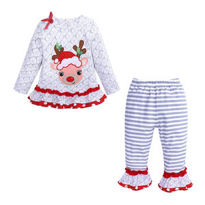 Ropa Infantil Navideña de Boutique al por Mayor, Conjunto para Niñas, Lindo Top de Manga Larga con Estampado de Alce + Pantalones a Rayas - Product Image 1