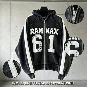 Custom Vintage Washed <b>Zip</b> Up Hoodie Men | 3 Stripes Sleeve Boxy Fit Full <b>Zip</b> <b>Hooded</b> Jacket | RAMMAX Number Print Private Label - Product Image 4