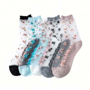 Chaussettes mi-mollet d'été pour femmes, motif floral, dentelle transparente, respirantes, fines, style coréen et japonais - Product Image 1