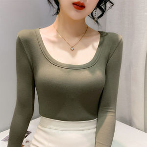 Chemise à fond fileté à manches longues pour femmes, couleur unie, intérieur serré, style printemps et automne, coupe ajustée, <span class=keywords><strong>t</strong></span>-<span class=keywords><strong>shirt</strong></span> polyvalent à col en U - Product Image 2