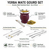 EVEPURE Ensemble de tasses à Yerba Maté en gourde naturelle, traditionnel original, 9 oz, en acier inoxydable isolé sous vide, avec brosse de nettoyage
