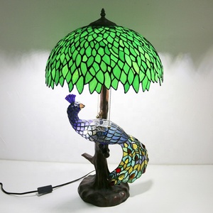 LongHuiJing 16Inch Green Leaf Stained Glass Tiffany Style Desk <b>Lamp</b> with Dome Shade AC Powered Resin Peacock Tree <b>Base</b> - Product Image 5