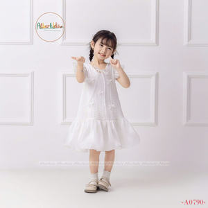 Vestido de niña con lazo en el pecho Vestido casual de niña para Primavera Verano con mangas cortas de gasa - Product Image 6