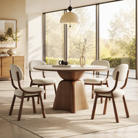 Nouvel ensemble de table à manger ronde en bois massif de style mi-siècle 2026, design Wabi-Sabi de luxe léger de style italien avec plateau en pierre à bords pleins