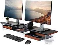 Support d'écran double à 2 niveaux en bois avec tiroir et pieds en acrylique pour étagère de bureau avec organisateur de rangement