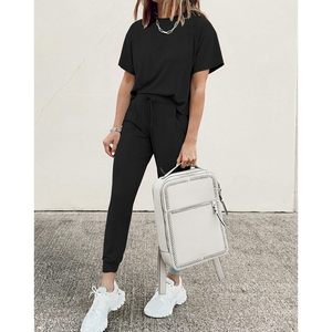 Women's Two Piece Lounge <b>Set</b> Short Sleeve <b>Knitted</b> Jogger Pants Casual Spring Summer Breathable Vacation Travel Outfits - Product Image 4