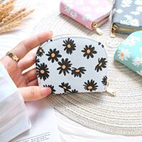 Dompet Kartu PU motif bunga desain Daisy kompak wanita panjang pendek dengan ritsleting & dompet koin lapisan poliester portabel