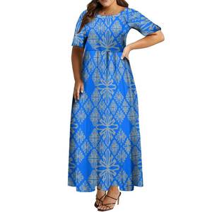 Nuevo Vestido Largo <span class=keywords><strong>de</strong></span> Gasa con Estampado Polinesio Azul y Blanco, Cintura Natural, <span class=keywords><strong>Manga</strong></span> <span class=keywords><strong>Media</strong></span> y Plisado, Estilo Sweet Island - Product Image 3