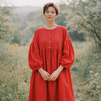 Robe ample à manches longues en lin rouge sur mesure pour femmes, décontractée, élégante et tendance
