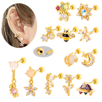 Maina Heart Round Zircon Dangle Earlobe Ear Studs Gold Plated Cartilage Helix Piercing Jewelry Externally Thread Tragus Earrings