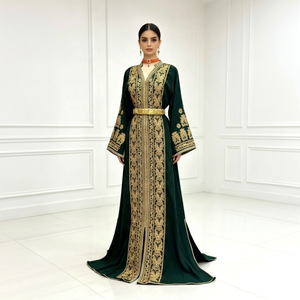 Robe Kaftan Longue en Satin Brodé pour Femme, Col en V, Manches Longues, Tenue de Soirée Formelle, Motif Vert et Doré - Product Image 1