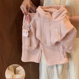 Girls Casual Set Pink Fleece <b>Lined</b> Two Piece With Wide Leg <b>Pants</b> Winter Clothing For Baby Girls - Product Image 1