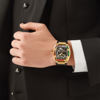 Montre mécanique pour homme en silicone automatique avec squelette en forme de tonneau personnalisé, pierres arc-en-ciel, lunette en silicone, 26 mm