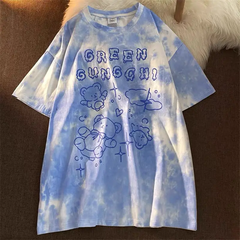 गर्मियों में महिलाओं के कम बाजू विंटेज महिला टी शर्ट harajuku Streetwear Y2k शीर्ष टाई डाई बड़े Tshirts पत्र प्रिंट कपड़े