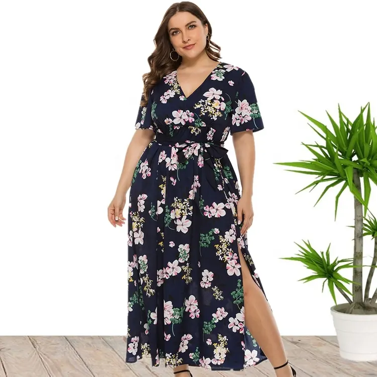 2022 Hotsale V Neck Short Sleeve Floral Print Big Size Maxi Long Summer Dresses For Women