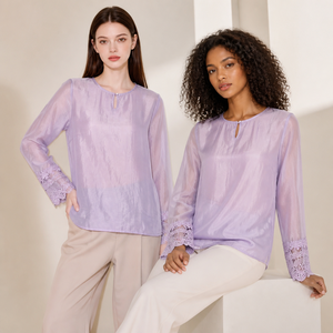 Camicetta da donna con design unico, viola, con polsini in pizzo, trasparente, a maniche lunghe, girocollo, elegante, slim fit, estiva - Product Image 1