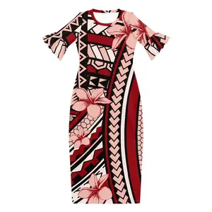 Polynesian Party Dress Women's 2024 Spring Summer Casual Loose Crewneck Boho Sun Dress Ruffle Puff Sleeve High Waist Midi Dress