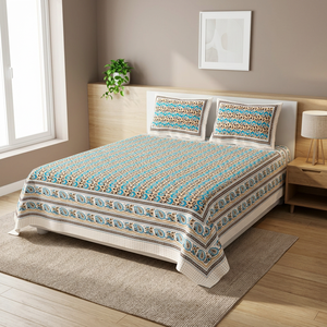 Beau drap de lit Double taille imprimé Barmeri avec 2 taies d'oreiller en vrac 100% qualité d'exportation coton Rajasthani bloc à main imprimé - Product Image 3