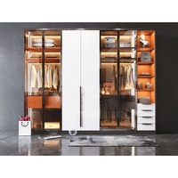 Armoire de chambre moderne sur mesure à portes battantes, avec rangement superposé convertible DIY, panneau en verre et éclairage intégré, organisateur de vêtements