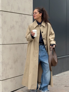 Abrigo de Gabardina Grueso de Algodón Tejido Color Caqui, Nuevo para Primavera-Otoño 2025, para Mujer, Extralargo, Cierre de un Solo Botón, Estilo Británico, Elegante, con Capucha - Product Image 6