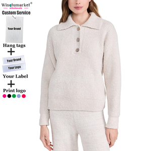 Suéter de <span class=keywords><strong>Mujer</strong></span> de Punto de Chenilla con Efecto Peludo, Oversize, Hombros Caídos, <span class=keywords><strong>Cuello</strong></span> Polo Henley con Botones, Colores Personalizados - Product Image 3