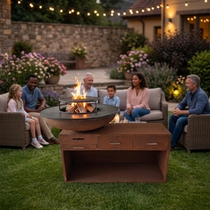 Matériel de jardinage : <span class=keywords><strong>Brasero</strong></span> de jardin en acier Corten pour <span class=keywords><strong>cuisson</strong></span>, idéal pour le transport sécurisé de bois de chauffage et les fêtes, avec fonction Plancha pour bois. - Product Image 1