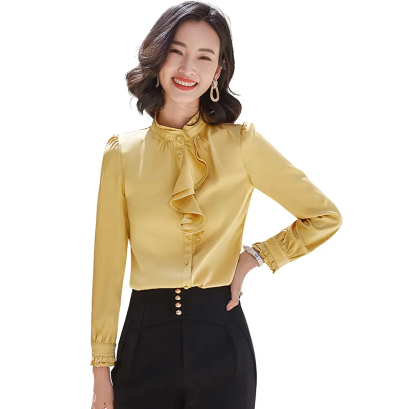 Wholesaler fashion Ruffles shirt women Stand Collar long sleeve blouse office ladies formal Loose plus size tops