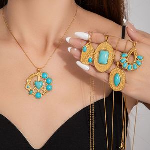Collar De Acero Inoxidable Stainless Steel Blue Turquoise Heart <b>Titanium</b> Steel Necklace Lace Round Snake Clavicle <b>Chain</b> Necklace - Product Image 2