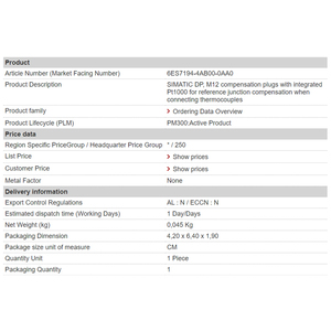 6ES7194-4BD00-0AA0 โมดูลเชื่อมต่อพลังงาน ผู้จัดจำหน่ายคอนโทรลเลอร์ SIMATIC ET 200 โมดูล PLC S7 ET 200pro - Product Image 2