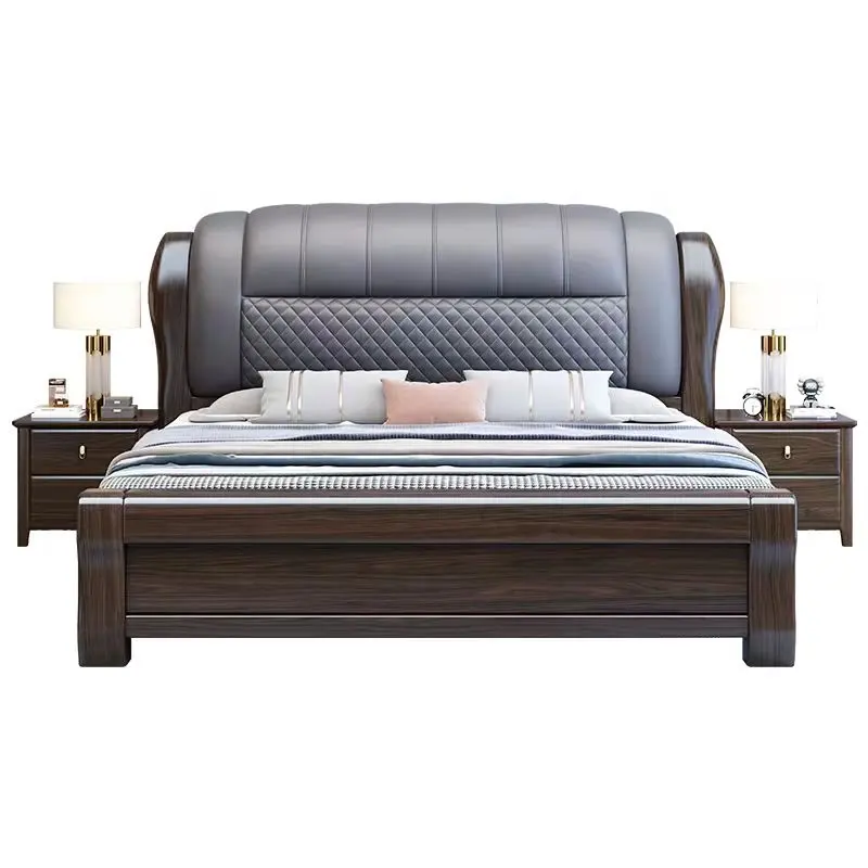 Роскошная фиолетовая Золотая сандаловая деревянная кровать из натуральной кожи, Главная спальня, полностью деревянная кровать для хранения