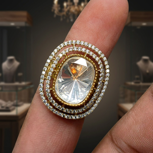 Luxury Oval Crystal Cocktail <b>Ring</b> for Women | Gold Plated CZ Diamond Halo Statement <b>Ring</b> | <b>Adjustable</b> Bridal Party Fashion | - Product Image 1
