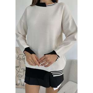 Suéter de punto negro casual para mujer al por mayor con cuello y puños decorados, botones de una sola fila, estampado de invierno de grosor ligero - Product Image 2