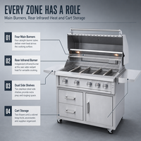 Barbecue autoportant haut de gamme moderne en acier inoxydable avec quatre brûleurs, chaleur infrarouge arrière et armoire de rangement pour usage domestique et extérieur