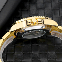 Montre-bracelet automatique pour homme, boîtier doré, cadran squelette noir, lunette rotative, bracelet en acier inoxydable, montre décontractée
