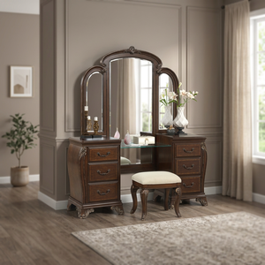 Vietnam Traditional Dark Cherry Bedroom Vanity Set with Standing <b>Mirror</b> Ornate Carvings <b>Panel</b> Design and Upholstered Stool - Product Image 3