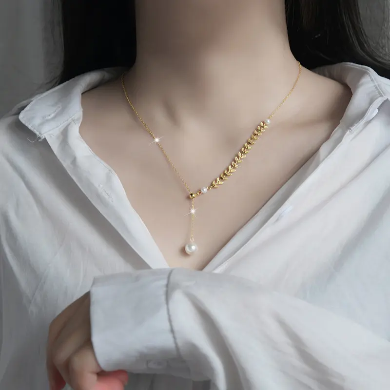 fine sterling silver 925 jewellery simple gold plated clavicle chain wheat tassel freshwater pearls patchwork necklace
