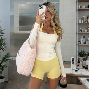 Conjunto de 2 Piezas para Mujer, Top de Manga Larga con Bloques de Color y Hombros Descubiertos, y Pantalones Cortos, Ropa Deportiva, Informal, para Yoga, Hogar o Salir - Product Image 5