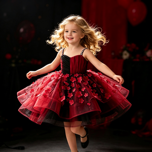 Abito da Cerimonia OEM con Applicazioni Floreali 3D, Cinturino di Perle, Gonna Voluminosa, Strass e Balze, Vestito da Principessa per Bambine - Product Image 1