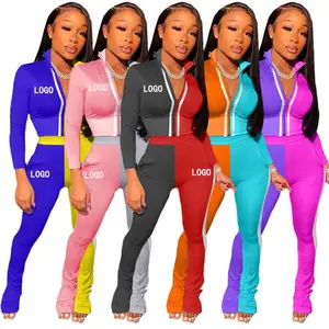 Custom Two Piece Pants Set Fall Women Clothes Patchwork Compression Suits Women Crop Top 2 Pants Set Fashion Sweatsuit Outfit