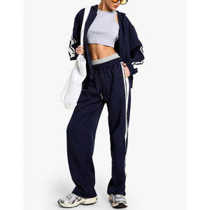 Joggers amples pour femmes, bleu marine, respirants, d'été, à rayures latérales, taille haute élastique, style sportif, coupe ample, longueur intégrale, couleur unie - Product Image 1