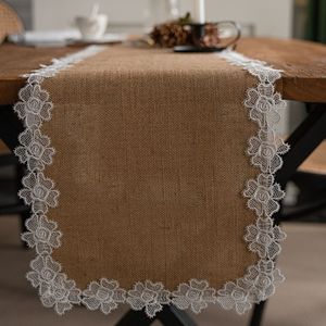 Drapeau de table tissé de style américain moderne Décoration de fête en jute naturelle Rime brodée en dentelle pour salle à manger Serviette de couverture de couloir - Product Image 3