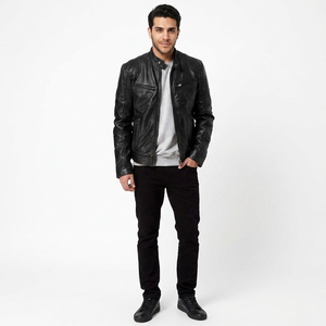 Men's Wholesale Breathable Eco-Friendly Genuine Cow <b>Leather</b> Varsity <b>Jacket</b> <b>Long</b> Sleeves Stand Collar Regular Fit Autumn ODM - Product Image 1
