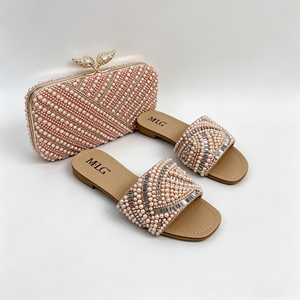 Ensemble de sac à main et sandales plates de luxe pour femmes, orné de perles et de strass, élégant pour les soirées, les mariages et les fêtes - Product Image 5